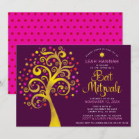 Bat Mitzvah Burgund Goldfolie Moderne Baum des Leb