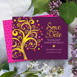 Bat Mitzvah Burgund Goldrosa Folie Baum des Lebens Save The Date