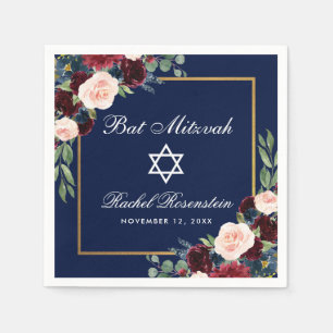 Bat Mitzvah Burgundy Blue Floral Gold Serviette