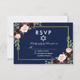 Bat Mitzvah Burgundy Blue Floral Gold UAWG RSVP Karte