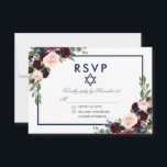 Bat Mitzvah Burgundy Blue Floral Silver UAWG RSVP Karte<br><div class="desc">Watercolor Burgundy Marsala Blue Floral Bat Mitzvah Silver RSVP Card</div>