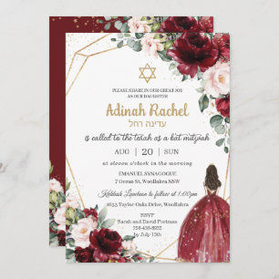 Bat Mitzvah Burgundy Blush Floral Gold Princess Einladung