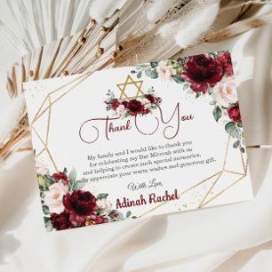 Bat Mitzvah Burgundy Blush Floral Gold Star Dankeskarte
