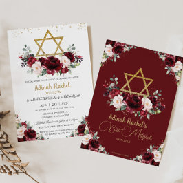 Bat Mitzvah Burgundy Blush Floral Gold Star Einladung