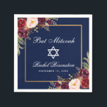 Bat Mitzvah Burgundy Floral Gold Serviette<br><div class="desc">Bat Mitzvah Watercolor Burgundy Marsala Floral Gold Frame Papier Napkin</div>