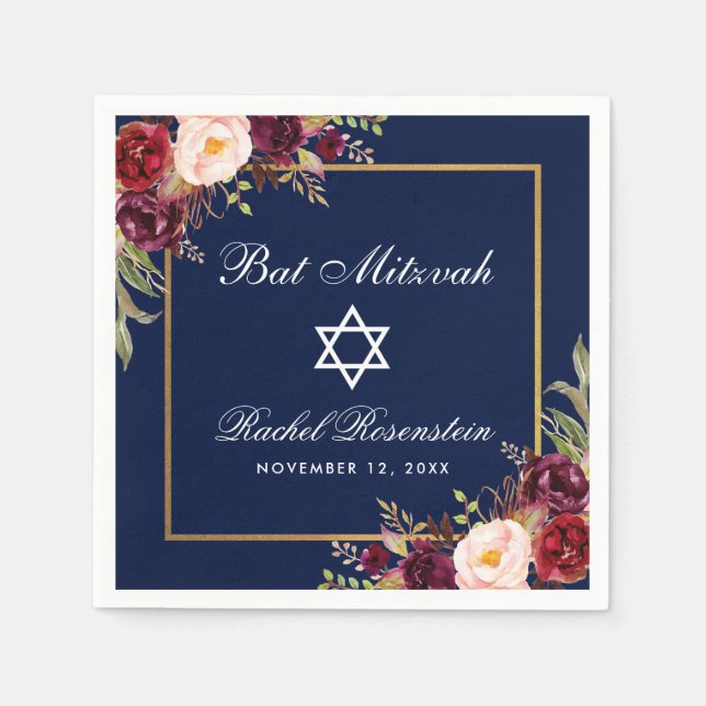 Bat Mitzvah Burgundy Floral Gold Serviette (Vorderseite)