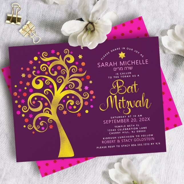 Bat Mitzvah Burgundy Goldene Foil Script Tree of L Einladung (Von Creator hochgeladen)