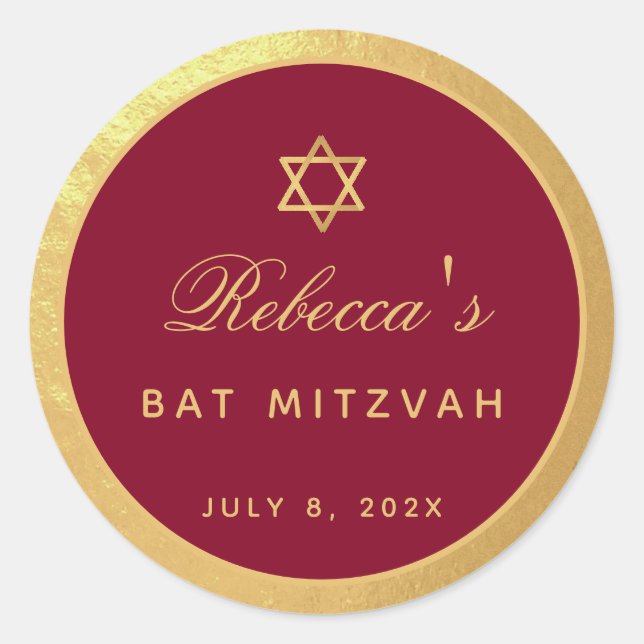 Bat Mitzvah Burgundy Imitate Gold Elegante Kalligr Runder Aufkleber (Vorderseite)