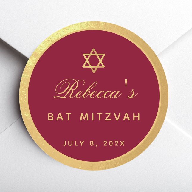 Bat Mitzvah Burgundy Imitate Gold Elegante Kalligr Runder Aufkleber (Von Creator hochgeladen)