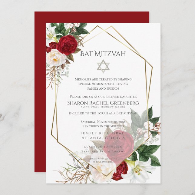 BAT MITZVAH | Burgundy Peony Verse 3 Einladung (Vorne/Hinten)