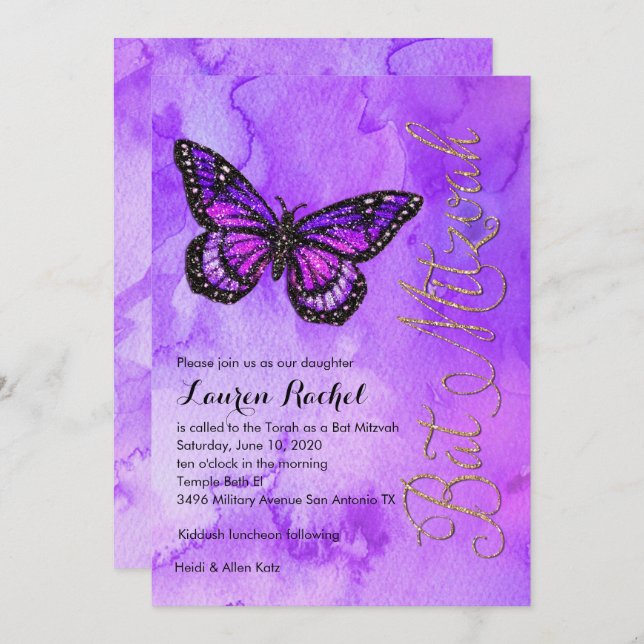 Bat Mitzvah Butterfly Lila und rosa gestrichen Einladung (Vorne/Hinten)