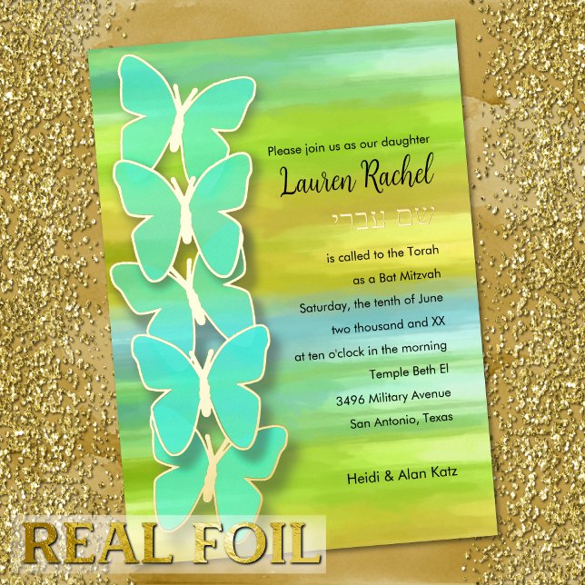 Bat Mitzvah Butterfly Watercolor Blau Gelb Folieneinladung (Von Creator hochgeladen)