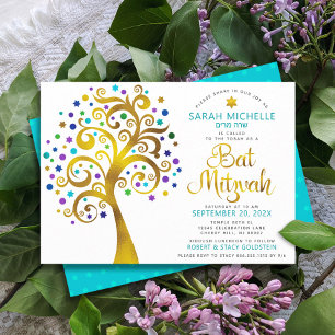 Bat Mitzvah Chic Türkis Goldfolie Baum des Lebens Einladung