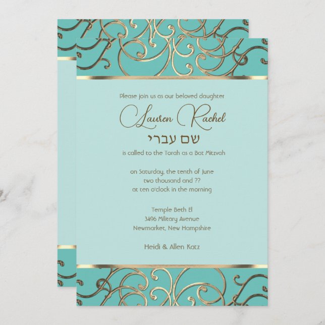 Bat Mitzvah Choose Colors Gold Filigree Einladung (Vorne/Hinten)