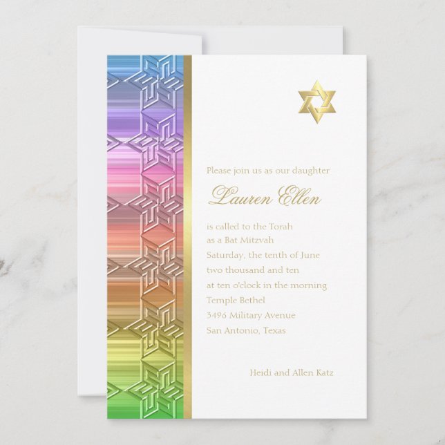 Bat Mitzvah Colorful Rainbow Star Damask Einladung (Vorderseite)
