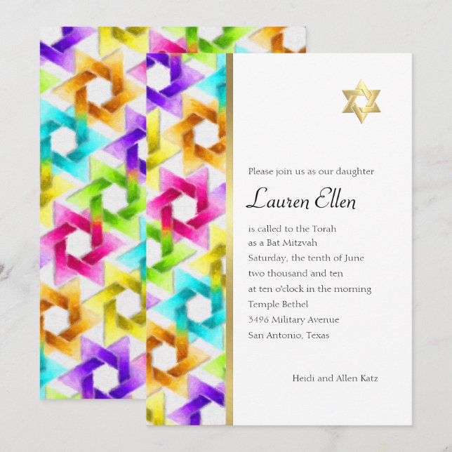 Bat Mitzvah Colorful Star Damask Einladung (Vorne/Hinten)