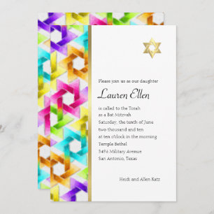 Bat Mitzvah Colorful Star Damask Einladung