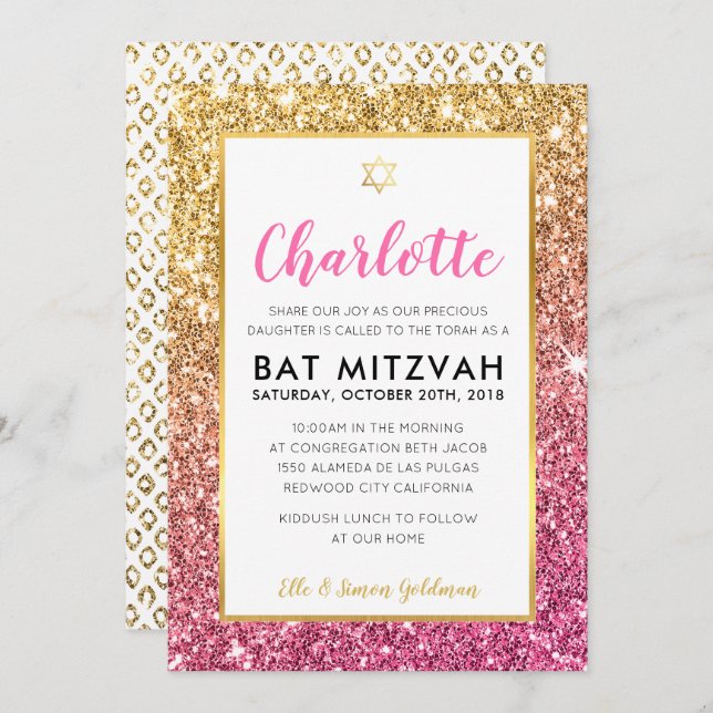 BAT MITZVAH cooler luxuriöser Glitzer in Rosa Einladung (Vorne/Hinten)