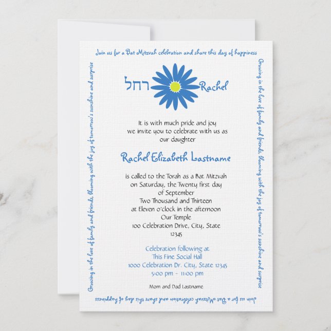 Bat Mitzvah Delightful Daisy Message Text Blau Einladung (Vorderseite)
