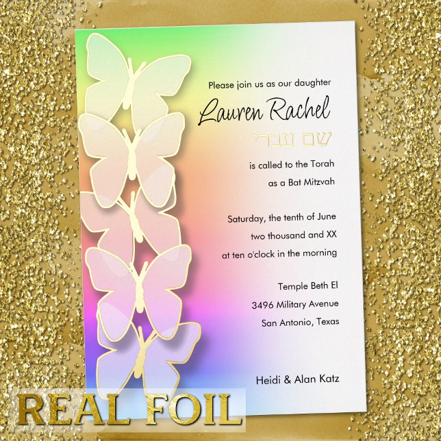 Bat Mitzvah Dimensional Butterfly Rainbow Gradient Folieneinladung (Von Creator hochgeladen)