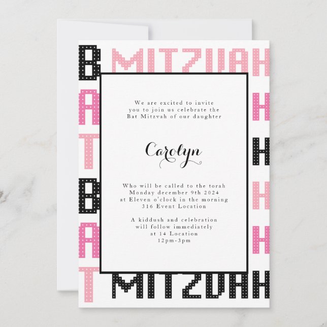 Bat Mitzvah Einladung Black and Pink (Vorderseite)