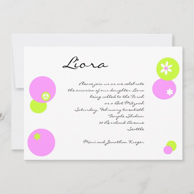 Bat Mitzvah Einladung CIrcles Pink Green (Vorderseite)