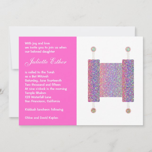 Bat Mitzvah Einladung Festivals Torah Scroll Rosa (Vorderseite)