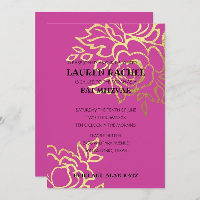 Bat Mitzvah Einladung Gold Floral auf jeder Farbe (Vorne/Hinten)