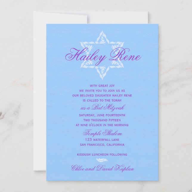 Bat Mitzvah Einladung Hailey mit Damask Blue (Vorderseite)