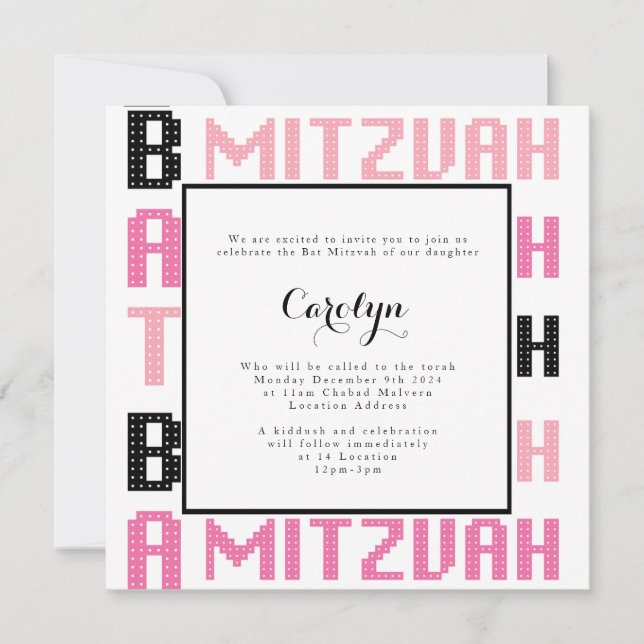 Bat Mitzvah Einladung in rosa und schwarz Thema (Vorderseite)