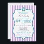Bat Mitzvah Einladung Lila Aquamarine Elegante Str<br><div class="desc">Eine elegante Bat Mitzvah Einladung in lila und aquamarin,  mit lila und weißen Streifen und aquamarinen Glitzer Textrahmen zusammen mit einem aquamarinen Glitzer Star of David. Der Textrahmen des Glitzer auf diesem klassischen Bat Mitzvah lädt mit einem Schatten ein,  um ein erhabenes Aussehen zu geben.</div>