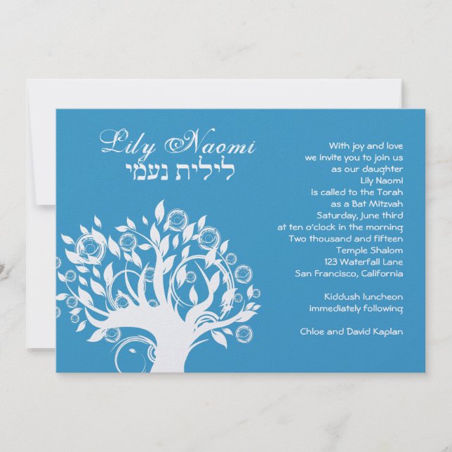 Bat Mitzvah Einladung Lily Naomi Tree Blue (Vorderseite)