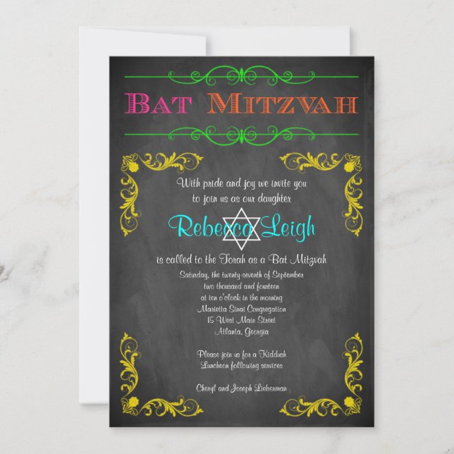 Bat Mitzvah Einladung | Neon Chalkboard (Vorderseite)