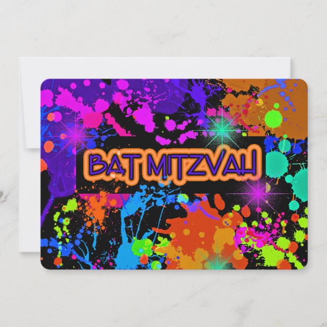 Bat Mitzvah Einladung, Neon Paint Spritzer Einladung (Vorderseite)
