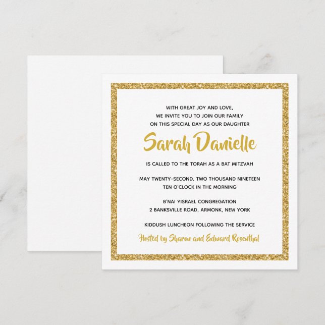 Bat Mitzvah Einladung von White and Gold Square (Vorne/Hinten)
