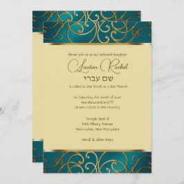 Bat Mitzvah Elegant Aquamarin Blue and Gold Filigr Einladung