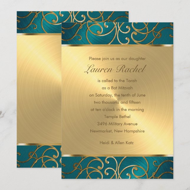 Bat Mitzvah Elegant Aquamarin Blue and Gold Filigr Einladung (Vorne/Hinten)