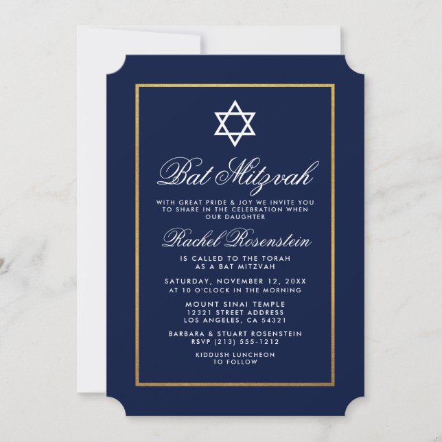 Bat Mitzvah Elegant Blauer und Gold Einladung (Vorderseite)
