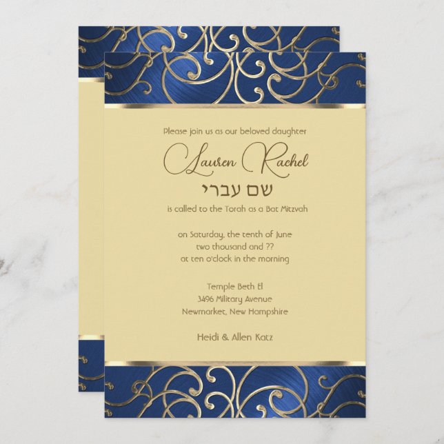 Bat Mitzvah Elegant Blue and Gold Filigree Einladung (Vorne/Hinten)