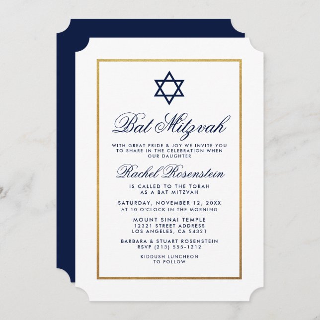 Bat Mitzvah Elegant Blue Gold Einladung (Vorne/Hinten)