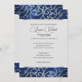 Bat Mitzvah Elegant Blue und Silver Filigree Einladung