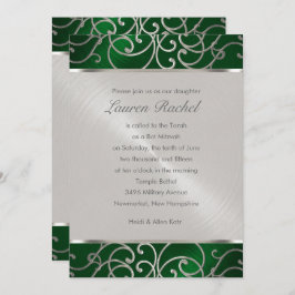 Bat Mitzvah Elegant Emerald Green Silver Filigree Einladung