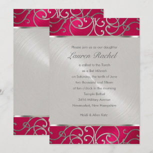 Bat Mitzvah Elegant Magenta Pink Silver Filigree Einladung