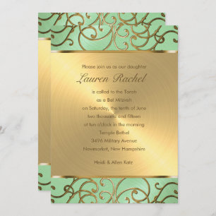 Bat Mitzvah Elegant Mint Green Gold Filigree Einladung