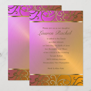 Bat Mitzvah Elegant Orange Pink Gold Filigree Einladung