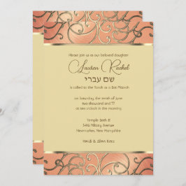 Bat Mitzvah Elegant Peach und Gold Filigree Einladung