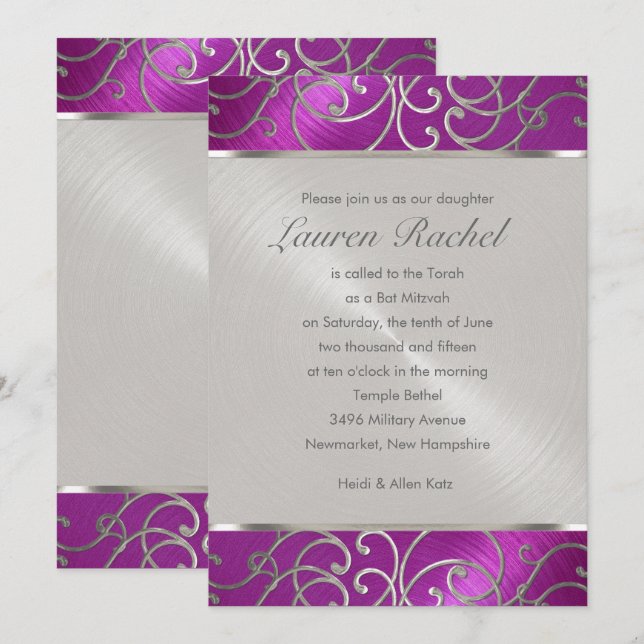Bat Mitzvah Elegant Raspberry Pink Silver Filigree Einladung (Vorne/Hinten)