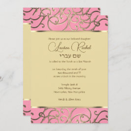 Bat Mitzvah Elegant Rosa und Gold Filigree Einladung
