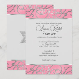 Bat Mitzvah Elegant Rosa und Silver Filigree Einladung