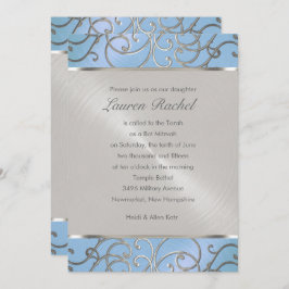 Bat Mitzvah Elegant Sky Blue und Silver Filigree Einladung